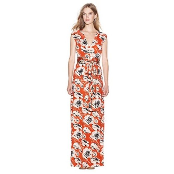 Tory Burch Maddie Silk Maxi Dress WallFlower Floral Print Orange White Wrap XS - Picture 1 of 11